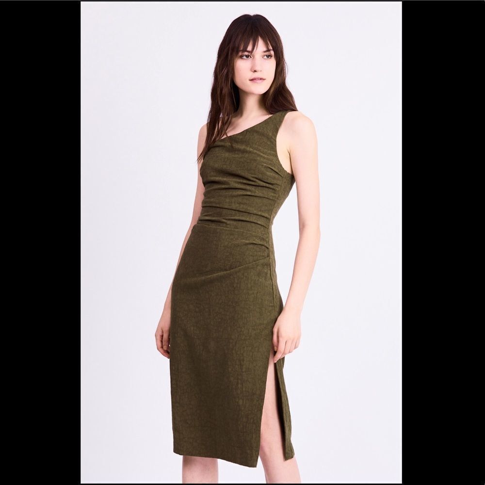 NWT Third Form Drifter Olive Linen Blend One Shoulder Dress Size 4